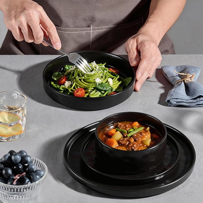 E-far 16-Piece Black Plates and Bowls Sets with Pasta Bowls - Stoneware Dinnerware Set for 4, Modern Ribbed Matte Black Kitchen Dishes, Microwave & Dishwasher Safe
