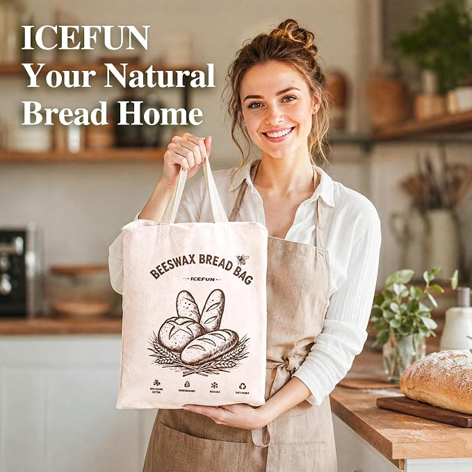 ICEFUN Wide-Opening U-Zipper Beeswax Bread Bag 2 Pack, Beeswax Bread Bags for Sourdough, Easy to Clean Reusable Bread Bag with Dual Zipper Seal and Handles