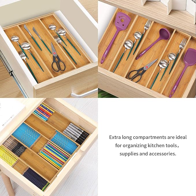 Utoplike 4 pcs Bamboo Kitchen Drawer Dividers 16.8-21.8IN and Bamboo Expandable Kitchen Drawer Organizer, Adjustable Utensil Holder Set