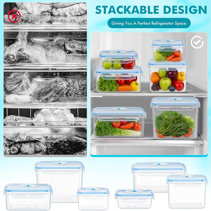 LemonRoad 33 Piece Vacuum Seal Storage Food Containers with Lids (6Containers&6 Lids&20 Sealable Bags&1 Hand Vacuum Pump), Meal Prep Containers with Lid, Airtight and Leak Proof(Blue)
