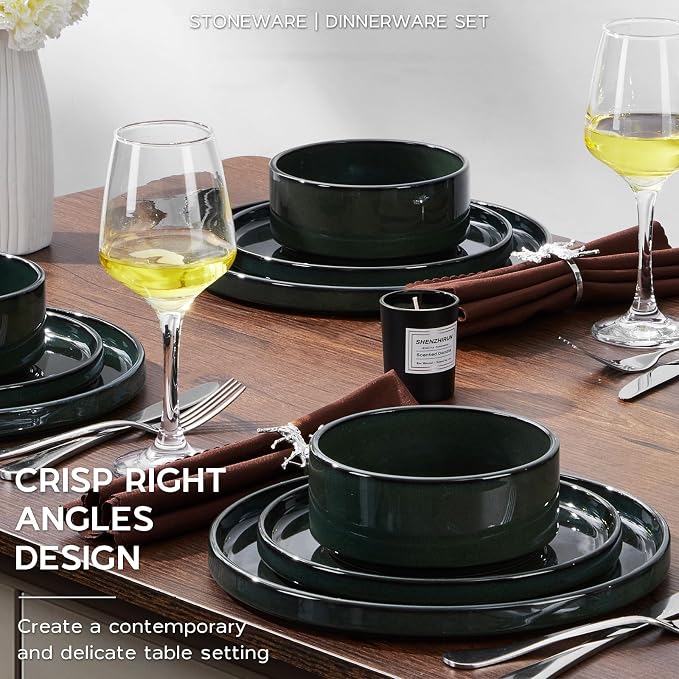 Onader Stoneware Dinnerware Sets for 4, Reactive Glaze Plates and Bowls Sets, Ceramic Dish Dinner Set with Rustic Terracotta Bottom, 12 Piece Elegant Dishware - Emerald Green
