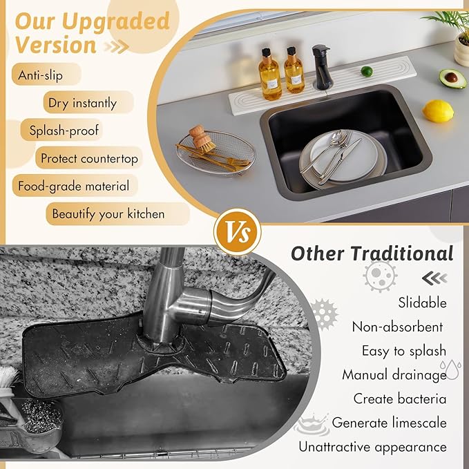 Faucet Mat for Kitchen Sink with Sandpaper, Diatomaceous Earth Faucet Splash Guard, Fast Drying Sink Protector Stone, Water Absorbing Stone Mat for Bathroom Sink Counter, Gift for Mother's Day, White