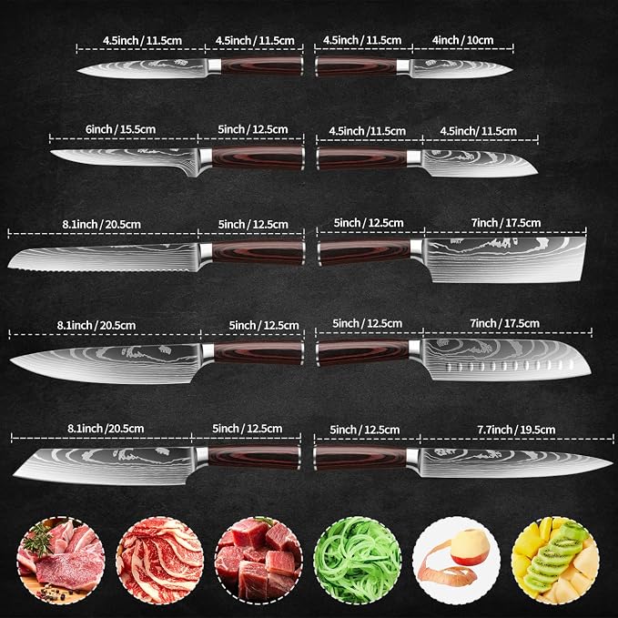 10-Piece Premium Japanese Kitchen Knife Set - Star Collection, Laser Damascus Pattern, 440A Stainless Steel Ultra Sharp for Fast Cutting (Redwood 10J)