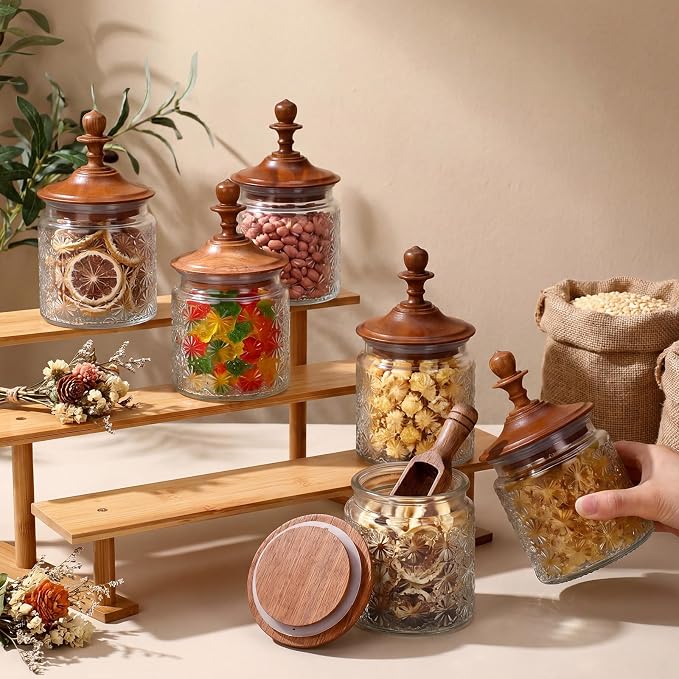 Suclain 6 Pack 17oz Vintage Glass Jars with Wooden Crown Lids, Decorative Jars Star Pattern, Airtight Glass Food Storage Containers for Tea Coffee Spice Pantry Organization