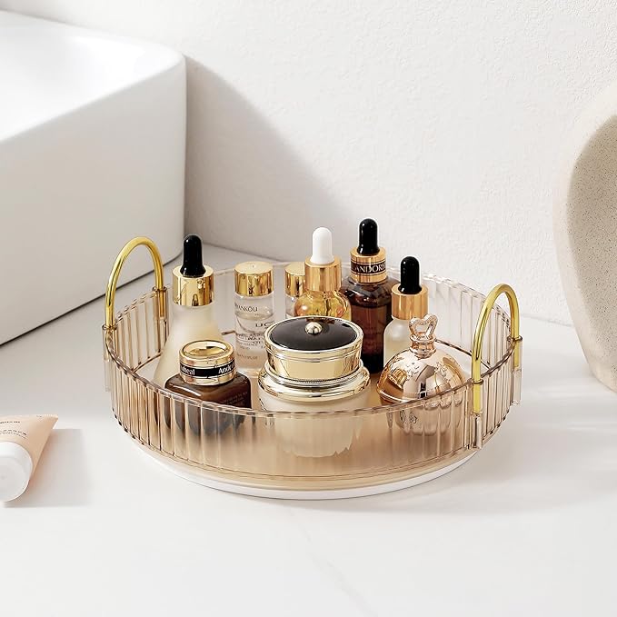 360 Rotating Makeup Organizer for Vanity, Skincare Perfume Organizers and Storage for Bathroom Countertop, Clear Counter Make Up Cosmetics Lipstick Spinning Holder for Dresser,1 Tier,Gold
