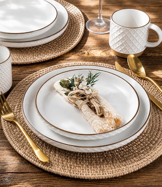 GBHOME Dinnerware Sets for 4, Farmhouse Style Stoneware Plates and Bowls Sets, 12 Pieces Embossed Scratch Resistant Dishes, Dishwasher & Microwave Safe, Off-White