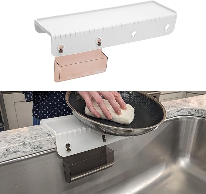 SiliProducts SiliSink Silicone Sink Edge Guard for Kitchen Sink - Fits 3.75” - 4” Wide - The Original Silicone Edge Protector with Sponge Caddy, 14” White