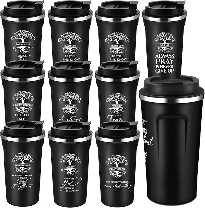 Meanplan 10 Set Father's Day Christian Bible Verse Tumbler Bulk 17oz Coffee Cup Religious Jesus Christian Tumbler Inspirational Mug Graduation Gift for Men Dad Church Pastor (Black, Tree of Life)
