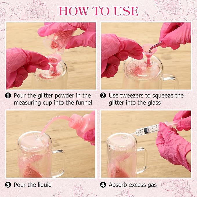 Baderke 20 Pcs Snow Globe Tumbler DIY Kit 16 oz Tumbler Squeeze Bottle, Glitter, Funnel Tweezer Silicone Cup Cradle Measuring Cup Glove Flashlight Buffer for Beginner(Pink,Special)