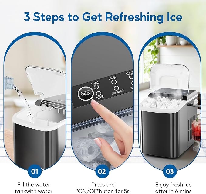 Simple Deluxe Portable Countertop Ice Maker Machine, Makes 9 Bullet Ice Cubes in 6 Minutes, 26.5Lbs Daily Output, Self-Cleaning with Scoop, Basket & Handle for Office, Party & Kitchen, Black