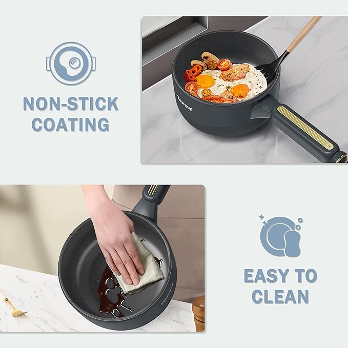 TOPWIT Hot Pot Electric with Steamer, 2L Multifunctional Electric Cooker, Non-Stick Sauté Pan, Portable Pot for Steak, Fried Rice, Ramen, Soup with Dual Power Control (Spatula Not Included), Grey