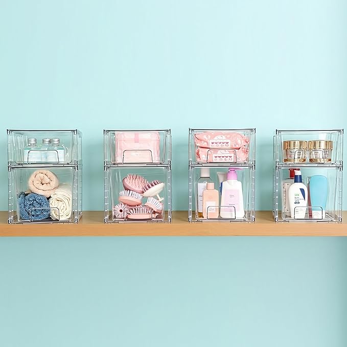 Clear Stackable Acrylic Storage Drawers(4 Pack), Plastic Organizer Bins with Handles, Easy Assembly for Bathroom Kitchen Pantry Cabinet Under Sink Snack Home Storage Solutions
