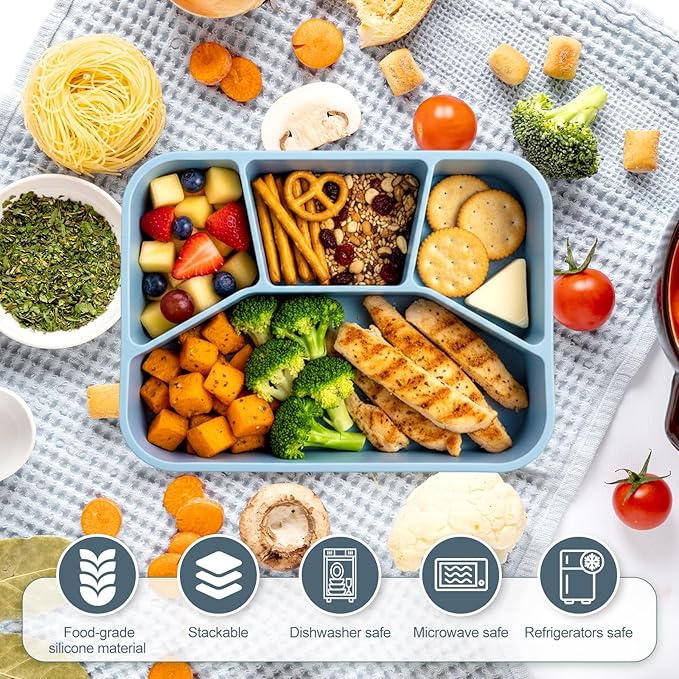 Honeydak 6 Pcs Silicone Bento Box Reusable Lunch Container 4 Compartment Snack Boxes with Lid Smooth LeakProof Rectangle Food Boxes for Adult Work Travel Food Storage (Blue)