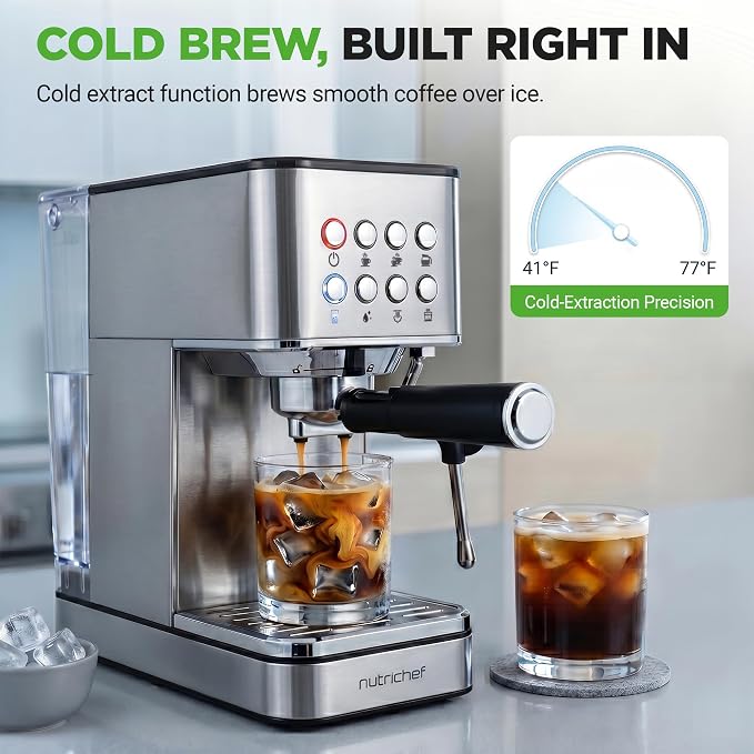 NutriChef 20-Bar Espresso Maker With Milk Frother | Removable 1.8 Quart Water Tank | Coffee Maker for Brewing Espresso, Cappuccino, Latte, Americano & Cold Brew Coffees | Stainless Steel