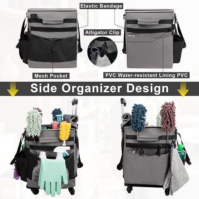 Large Rolling Cleaning Caddy with Wheels, Cleaning Supplies Organizer with Detachable Trolley, Water-resistant Cleaner Cart for Housekeepers, Multi Pocket Cleaning Cart with Strap, Gray