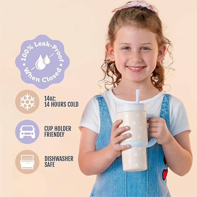 Ello Oasis 14oz Stainless Steel Toddler Tumbler with Handle & Retracting Straw, 100% Leakproof, Double-Wall Vacuum Insulated, Kids Water Bottle for School, BPA Free, Dishwasher Safe, Orange Daisies