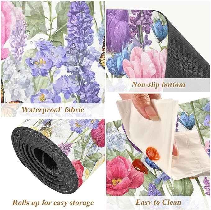 2 in 1 Table Runner Trivet for Hot Pots and Pans Heat Resistant Non Slip Waterproof 39 x 12 Inch Decorative Table Protector for Kitchen Countertop Tulips Lavenders Purple Butterfly