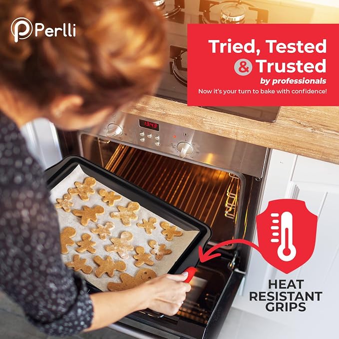 PERLLI Non-Stick 8-Piece Baking Pan Set, BPA-Free Carbon Steel Bakeware Set with Silicone Handles, Stackable Kitchen Oven Set, Cookie Sheet, Baking Tray, Baking Sheet Set, Oven Safe (446°F)