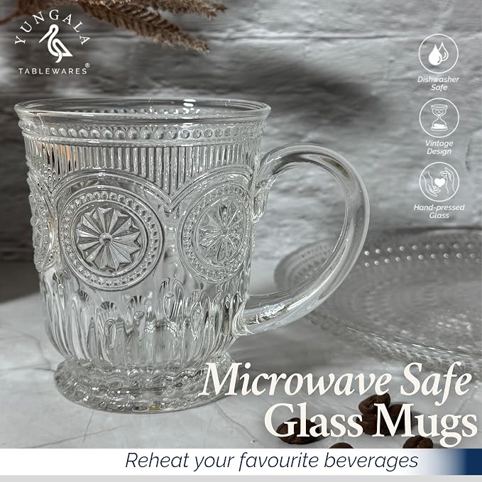 Vintage Glass Mugs Set of 4 – 10oz Vintage Coffee Mugs or Pressed Glass Tea Cup with Sunflower Design, Clear Tea Cup, Perfect for Affogato or boujee entertaining, Dishwasher Safe, Lead-Free