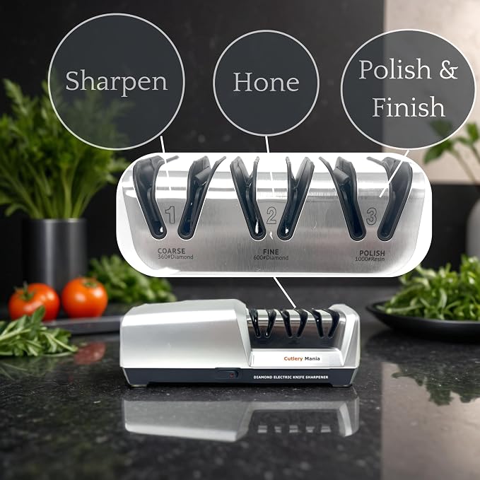 Simple Sharp Professional Electric Knife Sharpener | 3 Stage Precision Sharpening System for Straight and Serrated Blades with Diamond Abrasives | Effortless Precision Sharpening (Silver)