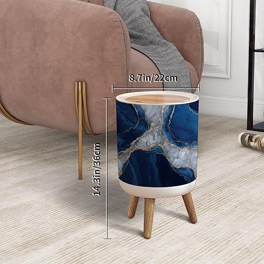 Trash Can with Lid close up view luxurious deep blue marble surface featuring intricate Press Top Round Small Garbage Bin with Wooden Legs Waste Basket for Kitchen Bedroom Nursery 7L/1.8 Gallon