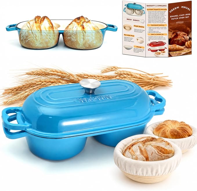 DIY Double Dutch Oven for Sourdough Bread Baking – Enamel Cast Iron Bread Baker with Lid, Bake Two Different Loaves at Once, 500°F Oven Safe, Includes 2×5" Banneton Proofing Baskets