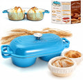 DIY Double Dutch Oven for Sourdough Bread Baking – Enamel Cast Iron Bread Baker with Lid, Bake Two Different Loaves at Once, 500°F Oven Safe, Includes 2×5" Banneton Proofing Baskets