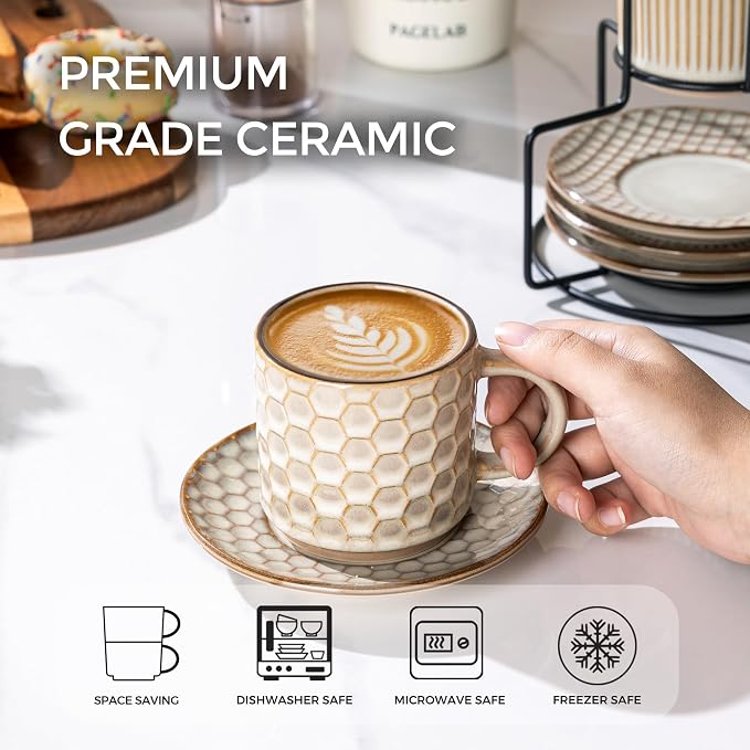 GBhome 6OZ Stackable Coffee Mugs with Stand and Saucer, Ceramic Coffee Mugs Set of 4 with Texture Patterns for Man,Woman,Dad,Mom, Modern Coffee Cups for Latte/Espresso. Dishwasher&Microwave Safe