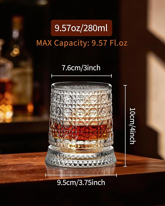 CEEFU Old Fashioned Whiskey Glasses with 360° Rotating Base, Set of 4 (4 Crystal Glasses Set, 4 Big Ice Ball Molds) In Gift Box - Bourbon, Cocktail, Rocks, Bday Gifts Ideas for Men, Gem Pattern