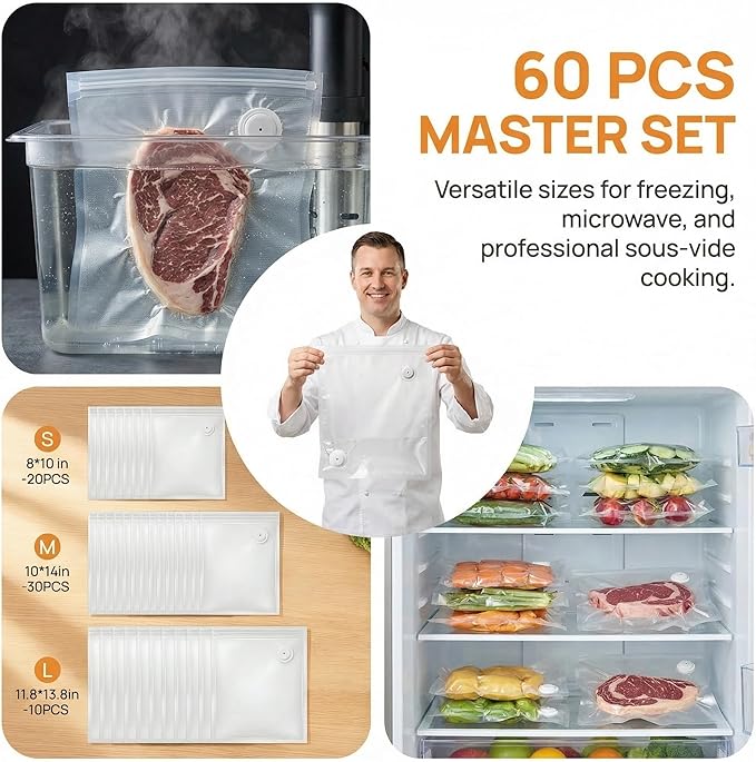 Vacuum Sealer Bags for Food, 60 Pcs (S+M+L) 8" x 10" and 10" x 13.8" and 11.8" x 13.8" Food Storage Bags for Sous Vide Cooking Microwave Heating, Air Valve Zipper Bags