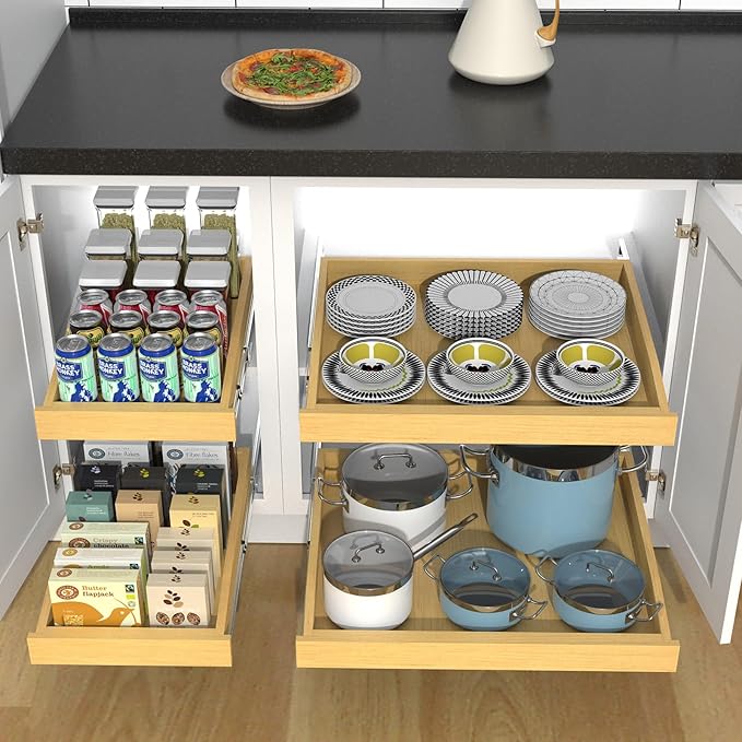 Wooden Pull out Cabinet Organizer 23" W x 21" D x 3.35" H, Heavy Duty Slide Out Drawers Pull-Out Home Organizers for Kitchen Cabinets