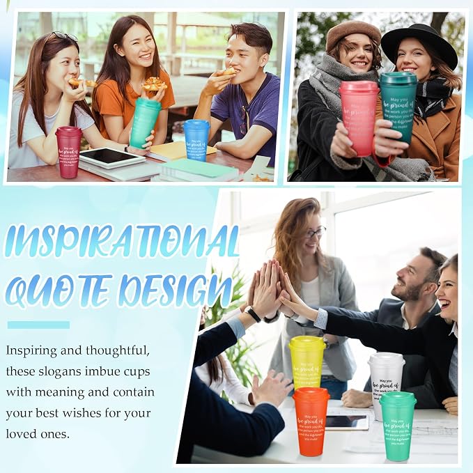 Skylety 48 Pcs Appreciation Tumblers Gifts Bulk 16 oz Thank You Teacher Employee Plastic Coffee Cups with Lids Colorful Reusable Inspirational Tumblers for Coworker Staff Christmas