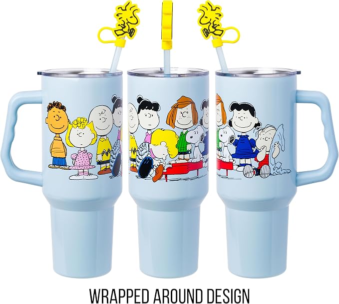 Silver Buffalo Peanuts Gang Charlie Brown, Snoopy, Woodstock, Lucy, Sally, Linus, Double Walled Stainless Steel Tumbler with Handle, Straw, and Straw Cap, Fits in Standard Cup Holder, 40 Ounces
