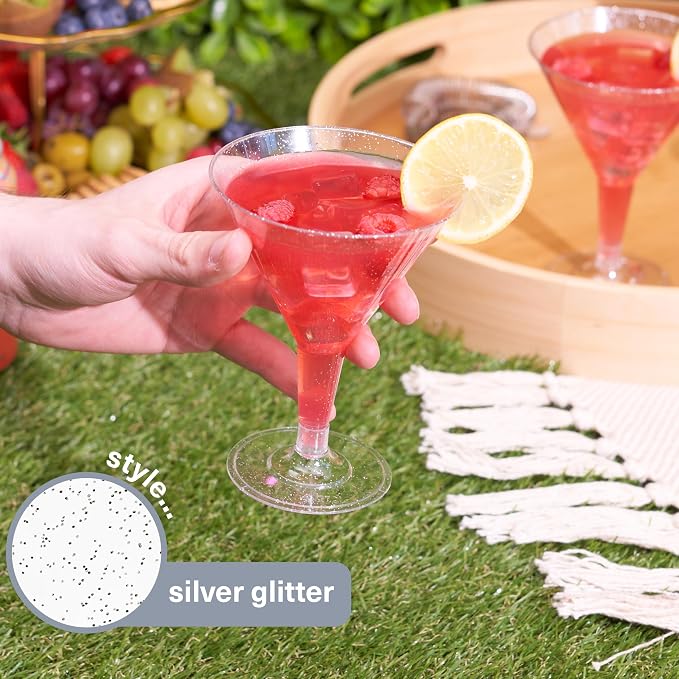 MATANA 48 Silver Gitter Plastic Martini Cocktail Glasses 7 oz - Elegant & Reusable - Manhattan, Margarita, Cosmopolitan, Desserts - Weddings, Birthdays, Parties