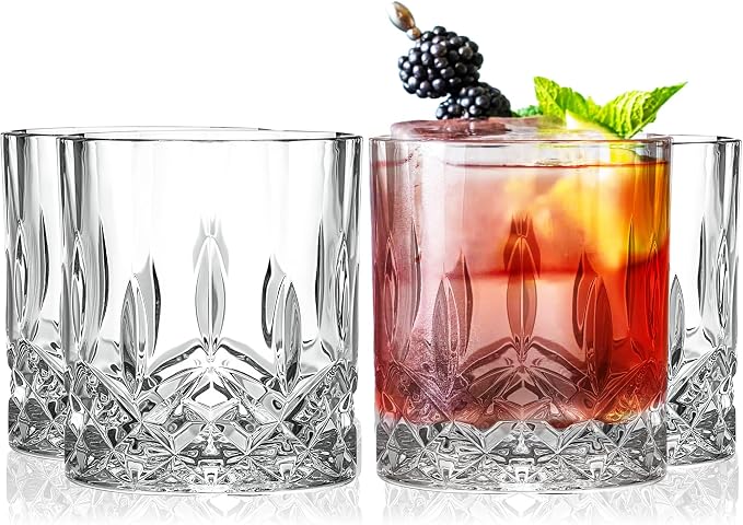 Barski Whiskey Glasses - Double Old Fashioned Rocks Glass - Set of 4 Lowball Tumbler - DOF Crystal Glass Tumblers - For Scotch - Bourbon - Water - Beverage - Drinking Glasses - 10.5 oz, Made in Europe