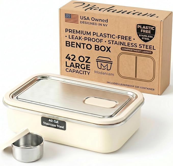 Modaniam Stainless Steel Bento Box, Stainless Steel Lunch Box for Adults, 42 OZ, Metal Lunch Box, Lunch Containers with Compartment, Vanilla, Leak Proof