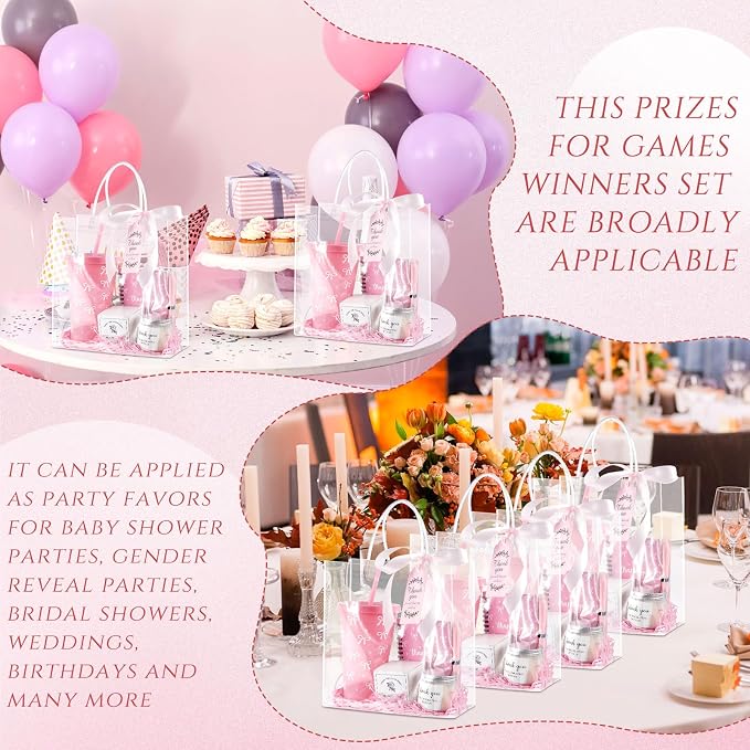Nuogo 12 Sets New Parent Shower Prizes for Player Winners Adult, Wedding Bridal Shower Gift, Plastic Tumbler Notebook Scented Candle Ballpoint Pen Bag (Pink Color,Bow Style)