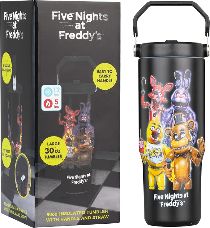 Get Trend Five Nights at Freddy’s 30oz Tumbler with Handle and Straw, Stainless Steel Insulated Water Bottle, BPA-Free, Leak-Proof, Cold for 12h, Hot 5h, Gifts for Men, Teens (Black FNAF)