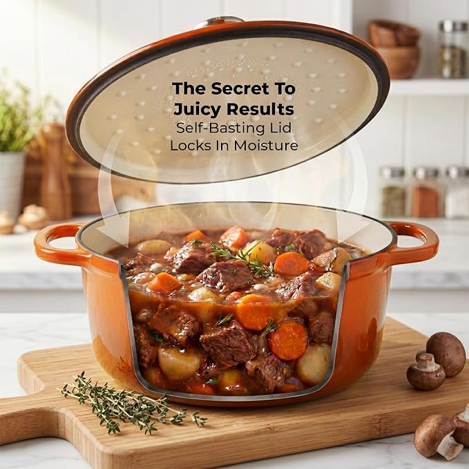 Zulay Kitchen 6 Quart Enameled Cast Iron Dutch Oven Pot with Lid – Premium Durability & Oven Safe up to 500°F – Heavy Duty Cookware Perfect for Bread Baking, Stews, Braising & Roasting – Orange