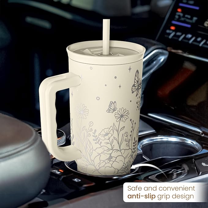 Floral Tumbler with Handle 40oz, Stainless Steel Insulated Tumblers Coffee Travel Mug Cup with Straw, Flower Coffee Cup Gifts for Women Girls, Gift for Her on Christmas Birthday Mothers Day