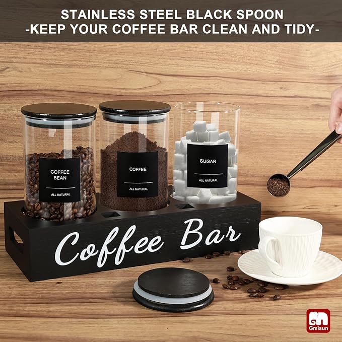 gmisun Coffee Tea Sugar Container Set, 3 Pcs 50 Fl oz Bean Storage Canister With Airtight Lids, Black Glass Tea Sugar Holder Containers with Scoop/Shelf/Labels, Canisters Jars for Coffee Bar/Station