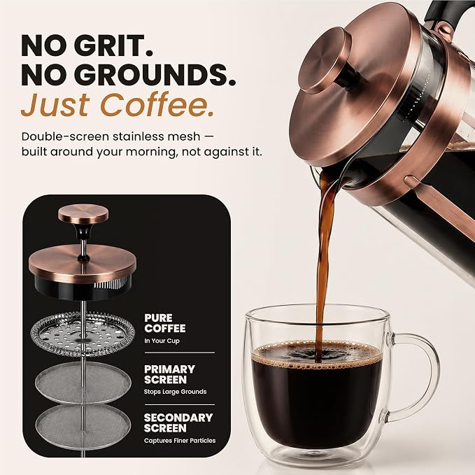 EzDtach Glass French Press Coffee Maker 34oz Copper – Double Filter Borosilicate Glass Pot with 304 Stainless Steel Coffee Press and 2 Extra Screen, Easy to Use and Clean Design for Full-Bodied Flavor