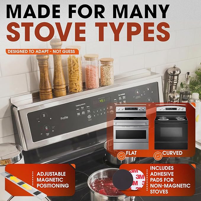 30 Inch Magnetic Stove Top Shelf - Stainless Steel Over Stove Storage Rack for Spices & Condiments - Tool-Free Fit for Flat & Curved Stoves