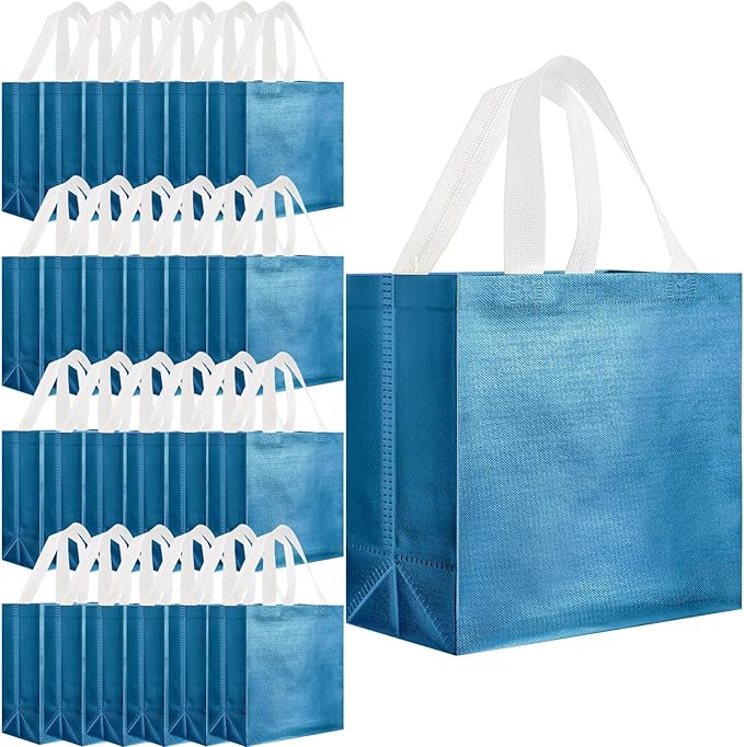 Eccliy Reusable Gift Bags Set Glossy Grocery Gift Tote Bag with Handle for Wedding, Bridal Shower, 4th of July, Summer Event(12 x 11 x 4.7 I Inch,Lake Blue,80 Pcs)