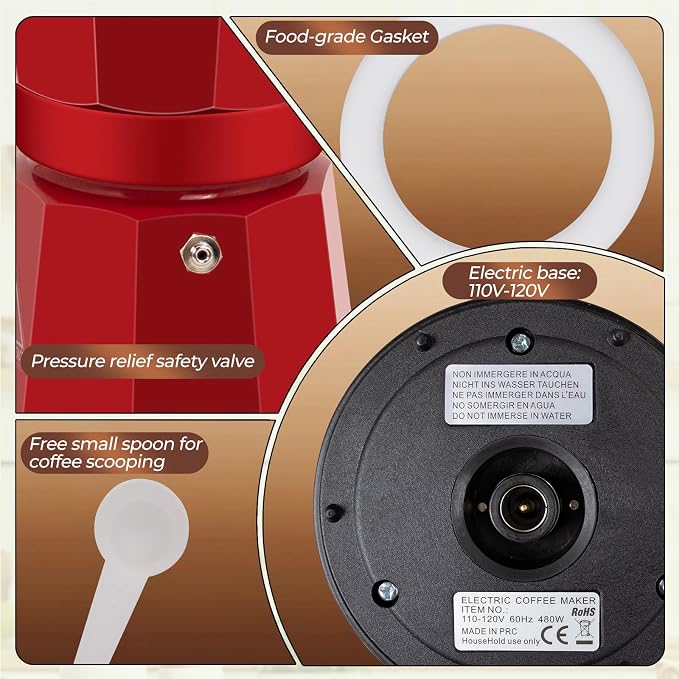 Electric Aluminum Moka Pot 3-6 Cup 150-270ml Espresso Maker with Detachable Base Ideal Coffee Makers for Home MochaPot Italian and Cuban Café Coffeemaker Espressomaker CoffeePot Red