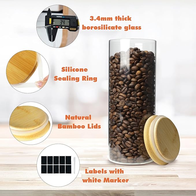 Glass Storage Containers with Airtight Bamboo Lids,Round Glass Jars Pantry Organizers,Perfect for Kitchen Organization - Flour, Rice, Pasta, Sugar, Coffee Beans, Accessories Included (43oz*6)