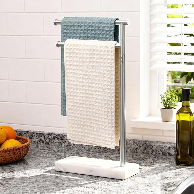 KES Hand Towel Holder Stand for Bathroom, Countertop Towel Stand Swivel with Marble Base, 17.3" 2 Arms Hand Towel Holder Freestanding Counter Top 18/8 Stainless Steel Brushed Finish, BTH233A-2