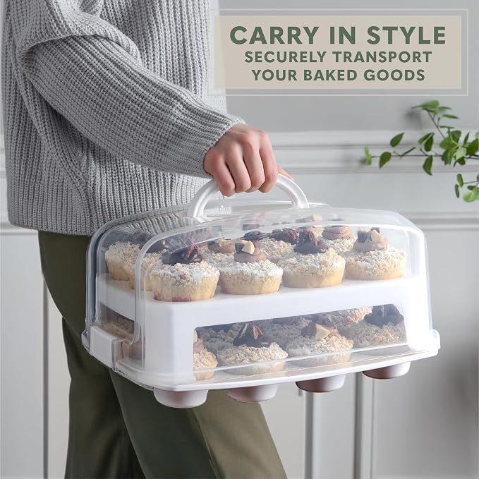 EXTRA TALL DOME Cupcake Carrier, White Cupcake Holder Carries 24 Cupcake Storage Container, Muffin Traveler Two Tier Stand Reusable Cupcake Box