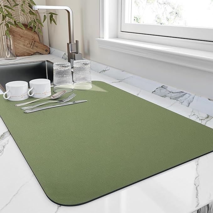 HotLive Dish Drying Mat for Kitchen Counter, Heat Resistant Drainer Mats with Non-slip Rubber Backed, Hide Stain Kitchen Super Absorbent Draining Mat, Easy to Clean Dish Rack Pad, Green 18"x24"