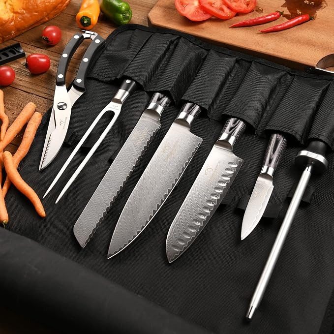 Chef Knife Set with Roll Bag, 8 Pieces Damascus Knife Set with VG10 Core Blades, 67-Layer Damascus Steel with Portable Oxford Cloth Storage Bag, Blade Guards, Camping Essentials